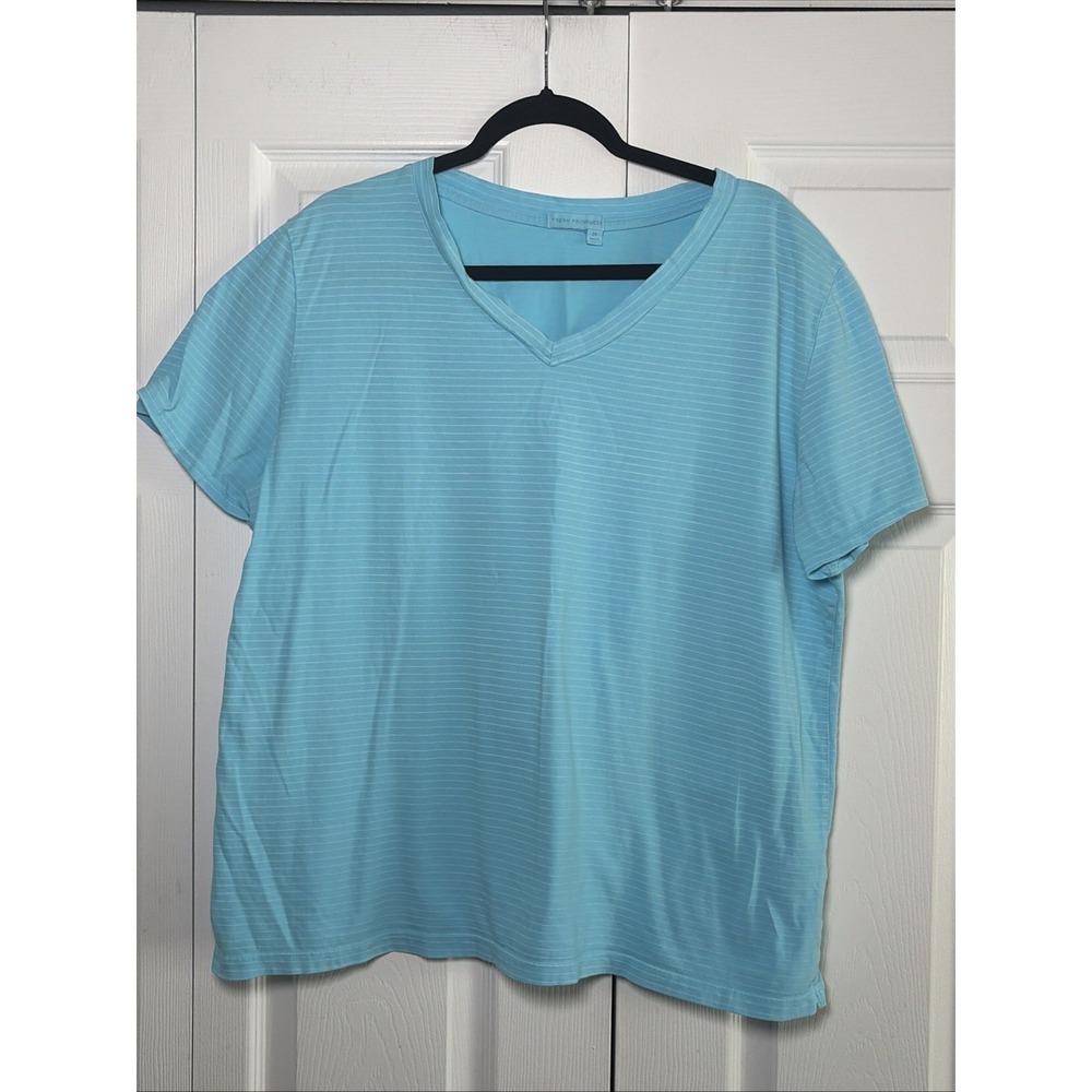 Fresh Produce V-Neck Stripe Tee Womens 2X Blue Coastal Beachy Cotton Size 2X